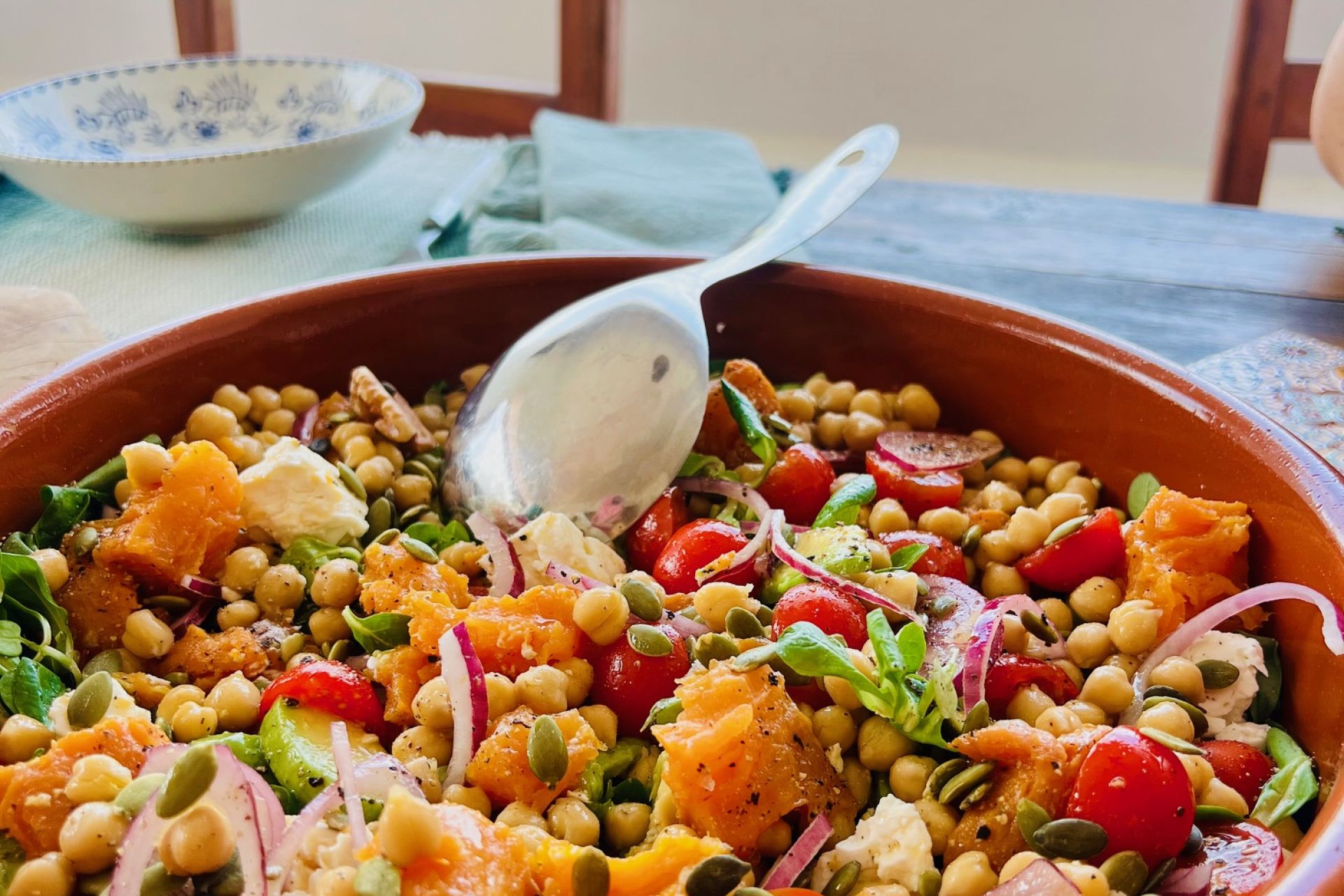 BabyBelly Rainbow Bowl recipe with sweet potatoes, chickpeas, feta, tomatoes, and other antioxidants
