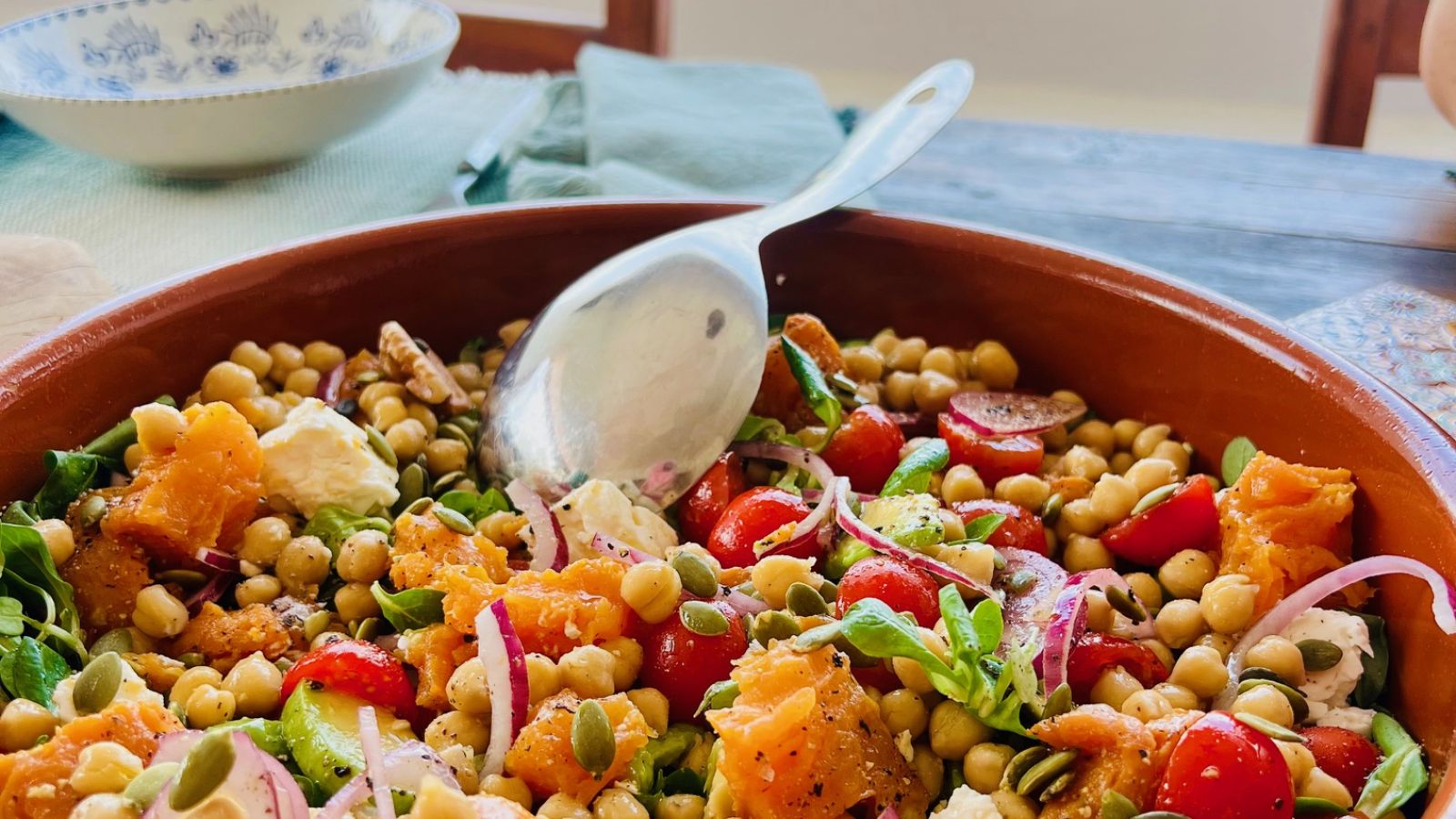 BabyBelly Rainbow Bowl recipe with sweet potatoes, chickpeas, feta, tomatoes, and other antioxidants